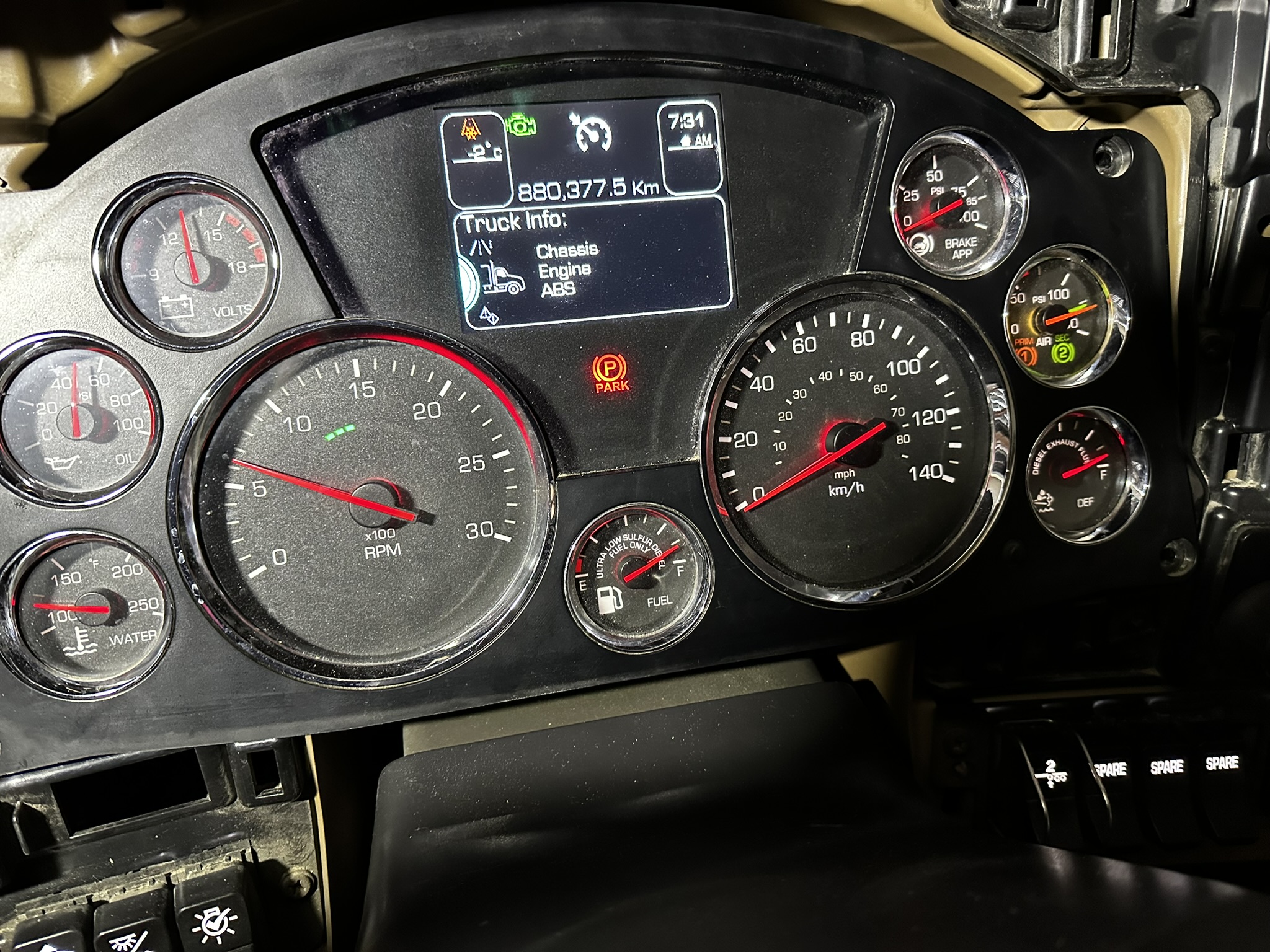 PACCAR instrument cluster on the bench for repair validation